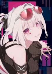  1girl bare_shoulders butterfly-shaped_pupils closed_mouth commentary_request eyewear_on_head facial_mark hair_intakes hair_ribbon heart heart_facial_mark highres honkai:_star_rail honkai_(series) ktnarga long_hair long_sidelocks long_sleeves looking_at_viewer parted_bangs pink_eyes pink_hair ribbon sidelocks solo sparkle_(honkai:_star_rail) sparxie_(candy-coated_waves)_(honkai:_star_rail) sparxie_(honkai:_star_rail) sunglasses symbol-shaped_pupils twintails upper_body white_hair 