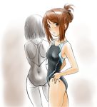  2girls brown_eyes brown_hair chaborin competition_swimsuit female long_hair monochrome multiple_girls one-piece_swimsuit original short_hair spot_color swimsuit 
