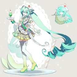  1girl :d boots cherry chibi chibi_inset commentary_request cup double-parted_bangs dress drinking_glass feiwusheng food fruit full_body gradient_boots green_boots green_dress green_eyes green_hair grey_background hair_between_eyes hatsune_miku high_heel_boots high_heels highres holding holding_tray ice_cream ice_cream_float long_hair looking_at_viewer melon open_mouth short_dress short_sleeves simple_background smile sparkle standing thigh_boots tray twintails very_long_hair vocaloid wrist_cuffs zettai_ryouiki 