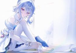  1girl asymmetrical_gloves ballerina ballet_slippers bare_shoulders blue_gloves blue_hair bridal_gauntlets commentary_request detached_sleeves dress genshin_impact gloves hair_between_eyes highres knee_up looking_at_viewer medium_hair mismatched_gloves odette_(genshin_impact) pantyhose parted_lips short_sleeves sitting solo violet_eyes white_bridal_gauntlets white_dress white_pantyhose yukiusagi_(snowrabbit0508) 