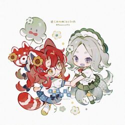  2girls :d ball_hands blue_skirt blush_stickers chibi chibi_only commission fangs full_body glasses green_eyes green_hairband green_shoes green_skirt grey_hair hairband highres holding_hands kanae_(cookie) long_hair multiple_girls open_mouth original parted_bangs parted_lips pleated_skirt red-framed_eyewear red_hair red_panda_ears red_panda_girl red_panda_tail round_eyewear sample_watermark shirt shoes short_hair short_sleeves simple_background skirt smile socks standing tentacles thick_eyebrows twitter_username violet_eyes watermark white_background white_shirt white_socks yellow_shoes 