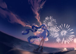  1girl absurdres aerial_fireworks black_sandals blue_eyes blue_hair commentary_request double-parted_bangs dress evening fireworks full_body grin hair_between_eyes hand_up hatsune_miku high_heel_sandals high_heels highres long_hair looking_at_viewer outdoors sandals short_sleeves sky smile solo standing star_(sky) starry_sky sunset thzskyzx twintails very_long_hair vocaloid white_dress 