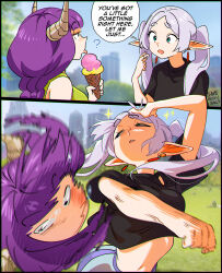  2girls ? absurdres artist_name aura_(sousou_no_frieren) black_shirt blurry blurry_background commentary demon_horns earrings elf english_commentary floating_earrings frieren green_eyes grey_hair hand_on_own_head highres holding holding_ice_cream_cone horns ice_cream_cone jewelry leaning_back long_hair looking_to_the_side motion_blur multiple_girls navel outdoors parted_lips pointy_ears punching purple_hair shirt snegovski sousou_no_frieren sparkle speech_bubble stomach thick_eyebrows tongue tongue_out twintails 