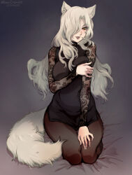  1girl alt_text animal_ears black_dress black_sleeves blush breasts commentary covering_breasts covering_privates dress fabienne_(metaphor:_refantazio) floral_print grey_hair hair_over_one_eye highres large_breasts long_hair looking_at_viewer metaphor:_refantazio mina_cream mole mole_under_eye navel non-web_source orange_eyes pantyhose see-through_clothes see-through_sleeves seiza short_dress sitting solo tail wolf_ears wolf_girl wolf_tail yellow_eyes 