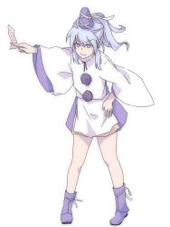  1girl boots chikuwa_coffee_(milk_soda) closed_mouth commentary_request full_body grey_hair hat high_ponytail highres holding holding_ofuda japanese_clothes kariginu long_hair looking_at_viewer mononobe_no_futo ofuda pom_pom_(clothes) ponytail purple_boots purple_hat purple_skirt robe simple_background skirt smile solo standing tate_eboshi touhou v-shaped_eyebrows violet_eyes white_background white_robe wide_sleeves 