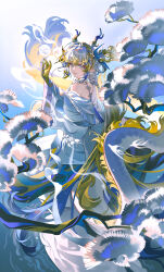  1girl absurdres ambience_synesthesia arknights arm_up bird bird_hair_ornament blue_eyes chinese_clothes chinese_commentary chinese_hairpin commentary_request dragon_girl dragon_horns dragon_tail earrings eastern_dragon_horns eastern_dragon_tail eyeliner fan_mu_zhang from_above full_body gradient_hair gradient_horns grey_hair hair_intakes hair_ornament hair_stick half_updo highres horns jewelry long_hair looking_back makeup multicolored_hair multicolored_horns necklace object_floating_above_hand official_alternate_costume orange_eyeliner orb orchid_fingers parted_lips pearl_necklace pine_tree pointy_ears robe shu_(arknights) shu_(bingwenyuyou)_(arknights) single_bare_shoulder single_off_shoulder sitting_on_branch solo swallow_(bird) tail teardrop_earrings tree very_long_hair very_long_tail white_robe wide_sleeves yellow_hands 