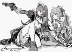  2girls aiming arm_up artist_name blunt_bangs bow breasts capelet circlet cleavage_cutout closed_mouth clothing_cutout danica_(genshin_impact) dress drill_hair drill_sidelocks earrings frills full_body fur-trimmed_capelet fur_trim garter_belt gem genshin_impact gloves greyscale gun hair_bow hair_ornament hair_ribbon handgun highres holding holding_gun holding_weapon innagaja jewelry juliet_sleeves long_hair long_sleeves looking_to_the_side maid maid_headdress medium_breasts medium_dress monochrome multiple_girls open_mouth pantyhose parted_bangs pointy_ears puffy_sleeves ribbon shoes sidelocks signature simple_background sitting thigh-highs tiara very_long_hair vesna_(genshin_impact) wavy_hair weapon 