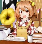  1girl apron bell book character_name checkered clothes_writing hair_bell hair_ornament japanese_clothes kuroi-neko motoori_kosuzu open_mouth phonograph red_eyes redhead short_hair smile solo touhou twintails 