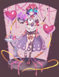  1girl absurdres alternate_costume apron asymmetrical_legwear balloon bandaid bandaid_on_knee bandaid_on_leg black_gloves black_shoes black_shorts black_thighhighs blue_hair blush bow bowl chocolate commentary detached_sleeves fate/grand_order fate_(series) fingerless_gloves footwear_bow frilled_socks frills garter_straps gloves grin hat heart_balloon highres holding holding_bowl holding_spatula kibinago_(kibinago614) locusta_(fate) mary_janes mismatched_legwear multicolored_hair mushroom pink_bow pink_hat purple_hair red_nails sharp_teeth shoes shorts smile socks solo spatula teeth thigh-highs two-tone_hair vial violet_eyes white_apron white_socks 