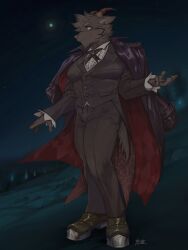  1boy black_pants black_ribbon chimera70551819 closed_mouth coat coat_on_shoulders commentary_request covered_pectorals full_body furry furry_male goat_boy highres horns long_sleeves looking_ahead male_focus mephistopheles_(housamo) night outdoors pants pectorals ribbon solo standing tokyo_afterschool_summoners 