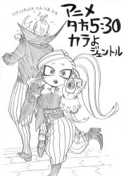  1boy 1girl :o ankle_boots belt blush boku_no_hero_academia boots bow bowtie breasts buttons camcorder camera clothes_grab coattails collared_jacket commentary_request corset cup earrings eyeliner foot_up_heel_up full_body gentle_criminal gloves graphite_(medium) greyscale hair_pulled_back hands_up heart heart_earrings height_difference high_heel_boots high_heels highres holding holding_camera holding_cup horikoshi_kouhei jacket jacket_grab jewelry la_brava laughing long_hair long_sleeves looking_at_viewer looking_to_the_side low_block_heels makeup monochrome multiple_belts mystical_high_collar official_artist_extra open_mouth outstretched_arm pants petite pinstripe_pants pinstripe_pattern puffy_pants ringed_eyes shirt shoes short_eyebrows simple_background sleeve_cuffs small_breasts spilled_drink spilling standing standing_on_one_leg striped_clothes striped_pants tailcoat tea teacup teeth timestamp traditional_media translation_request turning_head twintails underbust upper_teeth_only vertical-striped_clothes vertical-striped_pants video_camera walking white_background 