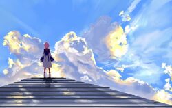  1girl absurdres blue_coat blue_hood blue_sky clouds cloudy_sky coat commentary_request day from_behind highres hood hood_down hooded_coat kaf_(kamitsubaki_studio) kamitsubaki_studio long_sleeves oekaki_simasuuu outdoors pantyhose pink_hair red_hood red_pantyhose scenery shoes sky solo standing two-tone_hoodie white_shoes 