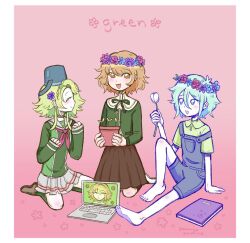  1girl 2boys ahoge alter_ego_(danganronpa) aqua_hair basil_(headspace)_(omori) basil_(omori) blonde_hair blue_overalls brown_skirt bucket_hat color_connection colored_skin computer danganronpa:_trigger_happy_havoc danganronpa_(series) english_commentary flower flower_pot flower_wreath fujisaki_chihiro glowraysunshine green_hair green_jacket green_shirt hat head_wreath highres holding holding_flower holding_flower_pot jacket kimi_ga_shine kizuchi_kanna laptop multiple_boys neck_ribbon omori overall_shorts overalls pink_background ribbon shirt skirt trait_connection trap tulip white_flower white_skin white_tulip 