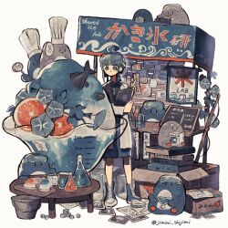  1girl :o ahoge ahoge_girl_(jimini_shijimi) artist_name beaker bird blue_hair blue_skirt book book_stack box bucket camera cardboard_box chef_hat collared_shirt commentary_request erlenmeyer_flask eyewear_on_head fish flask food fruit glasses hat highres holding holding_camera ice ice_cube instagram_username jimini_shijimi lab_coat mixed-language_text necktie open_mouth orange_(fruit) orange_slice original penguin pleated_skirt reading safety_glasses scorecard shaved_ice shirt sidelocks simple_background skeb_username skirt solo translation_request twitter_username white_background 