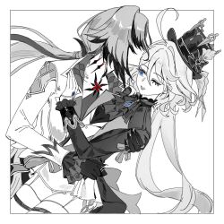 2girls ahoge arlecchino_(genshin_impact) ascot back_bow blue_eyes blue_gem border bow buttons claws commentary_request couple covered_eyes cowboy_shot drop-shaped_pupils eyelashes floating_hair frills furina_(genshin_impact) gem genshin_impact gloves greyscale hair_between_eyes hair_ornament hair_over_eyes hair_tubes hand_on_another's_shoulder hand_on_another's_waist hat hat_bow hat_ornament highres hug huge_ahoge jacket jewelry kissing_hair lapels lips lipstick long_hair long_sleeves looking_at_another low_ponytail low_twintails makeup monochrome multicolored_hair multiple_girls multiple_rings one_eye_closed open_clothes open_jacket pendant ponytail ring sash shirt shorts shui_zhi_pingshi simple_background single_hair_tube smile spot_color standing symbol-shaped_pupils teeth thigh_strap top_hat twintails two-tone_hair very_long_hair vest wavy_hair yuri 