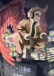  1boy absurdres blonde_hair boku_no_hero_academia commentary_request feathered_wings feathers fur-trimmed_jacket fur-trimmed_sleeves fur_trim gloves hawks_(boku_no_hero_academia) headphones highres jacket legs_folded long_sleeves male_focus red-tinted_eyewear red_feathers red_wings short_hair sky solo spiky_hair squatting tinted_eyewear urban user_rdny5737 wings 