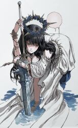  1girl absurdres annoyed aqua_eyes bent_over black_hair breast_cutouts dress duplicate gold_can greatsword highres holding holding_sword holding_weapon jewelry leaning_on_weapon long_hair looking_to_the_side simple_background solo standing standing_on_liquid sword water weapon white_dress 