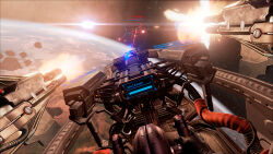  3d adobe_illustrator_(medium) asteroid autocannon black_gloves boulder cable cannon cockpit commentary dark_background dated_commentary english_commentary eve:_valkyrie eve_online fire firing floating floating_rock flying gloves highres hologram holographic_interface in_orbit lens_flare mike_howie military_vehicle muzzle_flash official_art outdoors photoshop_(medium) piloting planet pov pov_cockpit pov_hands projectile_trail realistic rock science_fiction space spacecraft star_(sky) starfighter starry_sky_background unreal_engine_(medium) zero_gravity 