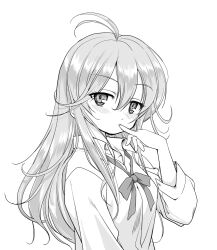  1girl antenna_hair blush breasts center-flap_bangs commentary_request denpa_onna_to_seishun_otoko dress_shirt finger_in_own_mouth greyscale hair_between_eyes long_hair medium_breasts monochrome neck_ribbon partially_unbuttoned pinky_out ribbon school_uniform shirt simple_background solo three-quarter_sleeves tk_(takotsuboya) touwa_erio tsurime undone_neck_ribbon white_background wing_collar 