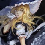  1girl black_dress blonde_hair bust character_name dress fancybetty gloves hat kirisame_marisa long_hair looking_at_viewer mouth_hold puffy_short_sleeves puffy_sleeves shirt short_sleeves solo touhou white_gloves witch_hat yellow_eyes 