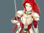  1girl absurdres armor belt braid breastplate faulds fire_emblem fire_emblem:_akatsuki_no_megami fire_emblem:_souen_no_kiseki gauntlets green_eyes grey_background highres long_hair pauldrons pazuzu438 polearm redhead simple_background solo titania weapon 