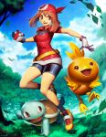  1girl blue_eyes brown_eyes brown_hair clouds genzoman gloves grass haruka_(pokemon) head_scarf leaf outdoors poke_ball pokemon signature sky smile squirtle torchic tree 