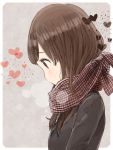  1girl blush breath brown_eyes brown_hair heart long_hair nasuna original scarf solo 