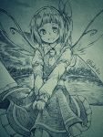  1girl artist_name bow daiyousei dress fairy_wings hair_ribbon monochrome ribbon short_hair side_ponytail sketch smile solo touhou traditional_media wadante wings 