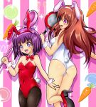  2girls animal_ears ass bowtie brown_hair bunny_tail bunnysuit carrot detached_collar fishnet_pantyhose fishnets frying_pan highres koufuku_graffiti long_hair machiko_ryou morino_kirin multiple_girls pantyhose pink_eyes purple_hair rabbit_ears shiguko short_hair spoon tail violet_eyes wrist_cuffs 