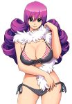  1girl absurdres alternate_costume bikini black_bikini blue_eyes blush breasts cleavage curly_hair dragon_quest dragon_quest_iii feather_boa highres large_breasts long_hair looking_at_viewer masayan_(minor-ms) purple_hair side-tie_bikini simple_background smile soldier_(dq3) solo swimsuit very_long_hair white_background 