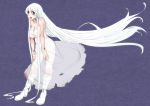  1girl absurdly_long_hair aoshima bandages bare_arms bare_shoulders boots breasts cleavage dress grey_eyes highres kedama large_breasts long_hair no_bra no_panties open_mouth personification see-through self-mutilation silver_hair solo strapless_dress touhou very_long_hair white_dress white_hair 