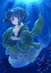  1girl animal_ears blue_eyes blue_hair blush breasts head_fins iris_anemone japanese_clothes kimono mermaid monster_girl obi open_mouth sash short_hair touhou underwater wakasagihime 