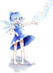  1girl blue_eyes blue_hair bow cirno dress hair_bow highres ice open_mouth rosette_(roze-ko) short_hair smile snowflakes solo touhou wings 