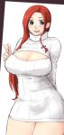  1girl alternate_costume arm_behind_back bow braid breasts cleavage cleavage_cutout cowboy_shot green_eyes hair_bow hair_over_shoulder hand_up hong_meiling huge_breasts long_hair long_sleeves neko_majin open-chest_sweater open_mouth redhead single_braid smile solo sweater teeth thighs tongue touhou turtleneck v white_background 