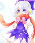  1girl blue_eyes blue_hair blush cirno earmuffs hidden_mouth ice ice_wings mayo_(mayomr29) mittens scarf solo touhou wings winter_clothes 