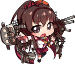  1girl brown_eyes brown_hair carillus chibi detached_sleeves headgear kantai_collection looking_at_viewer lowres machinery open_mouth pleated_skirt ponytail simple_background skirt solo turret white_background yamato_(kantai_collection) 