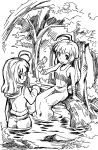  2girls bird forest kubocha long_hair looking_back monochrome multiple_girls nature open_mouth pointy_ears smile 