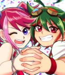  1boy 1girl blue_eyes bracelet hiiragi_yuzu jewelry multicolored_hair one_eye_closed pink_hair sakaki_yuuya school_uniform smile yuu-gi-ou yuu-gi-ou_arc-v 