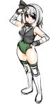  1girl bandages blue_eyes boots breasts elbow_gloves gloves hairband hand_on_hip knee_boots knee_pads konpaku_youmu leotard mabuchoco_m necktie ribbon short_hair silver_hair solo sweat touhou vest wrestling_outfit 