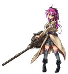  1girl ahoge belt boots cannon epaulettes fv215b_183 headset original over-kneehighs personification purple_hair red_eyes short_shorts shorts simple_background solo thigh-highs trench_coat uldiana white_background world_of_tanks 