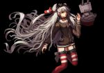 1girl amatsukaze_(kantai_collection) black_background brown_eyes cowboy_shot expressionless garter_straps hair_tubes hairband kantai_collection long_hair long_sleeves looking_at_viewer minhoo mini_hat neckerchief rensouhou-kun silver_hair simple_background small_breasts solo striped striped_legwear thigh-highs two_side_up very_long_hair wavy_hair windsock 
