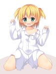  1girl asa_no_ha blonde_hair green_eyes naked_shirt original short_hair solo 