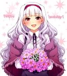  1girl blush bouquet breasts flower hairband happy_birthday idolmaster large_breasts long_hair looking_at_viewer open_mouth red_eyes restaint shijou_takane silver_hair smile solo white_background 