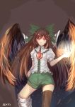  1girl alternate_legwear bow brown_hair hair_bow hair_ornament long_hair puffy_short_sleeves puffy_sleeves qlocks red_eyes reiuji_utsuho ribbon short_shorts short_sleeves shorts signature smile solo thigh-highs third_eye touhou wings 