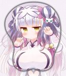  1girl bell blush braid breasts cat_hair_ornament china_dress chinese_clothes detached_sleeves double_bun hair_ornament haku_(p&amp;d) huge_breasts jitome long_hair long_sleeves looking_at_viewer marshmallow_mille mousepad no_nose purple_hair puzzle_&amp;_dragons sample solo twin_braids white_hair yellow_eyes 