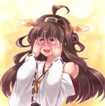  1girl ahoge bare_shoulders blush brown_hair commentary detached_sleeves embarrassed full-face_blush hairband hanjuku_tomato headgear kantai_collection kongou_(kantai_collection) long_hair nontraditional_miko open_mouth reaction ribbon-trimmed_sleeves ribbon_trim solo violet_eyes 