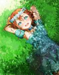  1girl armpits blue_eyes choker dappled_sunlight dress grass hair_between_eyes head_wreath highres kousaka_honoka lilylion26 love_live!_school_idol_project lying on_back open_mouth orange_hair side_ponytail solo tree_shade yume_no_tobira 