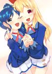  2girls aikatsu! azuki_akizuki blonde_hair blue_eyes blue_hair blush cheek-to-cheek holding_hands hoshimiya_ichigo hug interlocked_fingers kiriya_aoi long_hair multiple_girls one_eye_closed scrunchie side_ponytail skirt smile v 