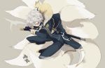  1boy fox gloves mask naki_gitsune_(touken_ranbu) sheath silver_hair sword tail touken_ranbu uniform weapon yasenayo yellow_eyes 