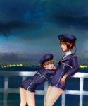  2girls after_the_outing against_railing blue_eyes blurry brown_eyes brown_hair cowboy_shot depth_of_field hat kantai_collection leaning_back leaning_forward lips long_sleeves looking_at_another looking_to_the_side multiple_girls neckerchief night no_pants nose outdoors parted_lips railing sailor_collar sailor_hat short_hair smile z1_leberecht_maass_(kantai_collection) z3_max_schultz_(kantai_collection) 